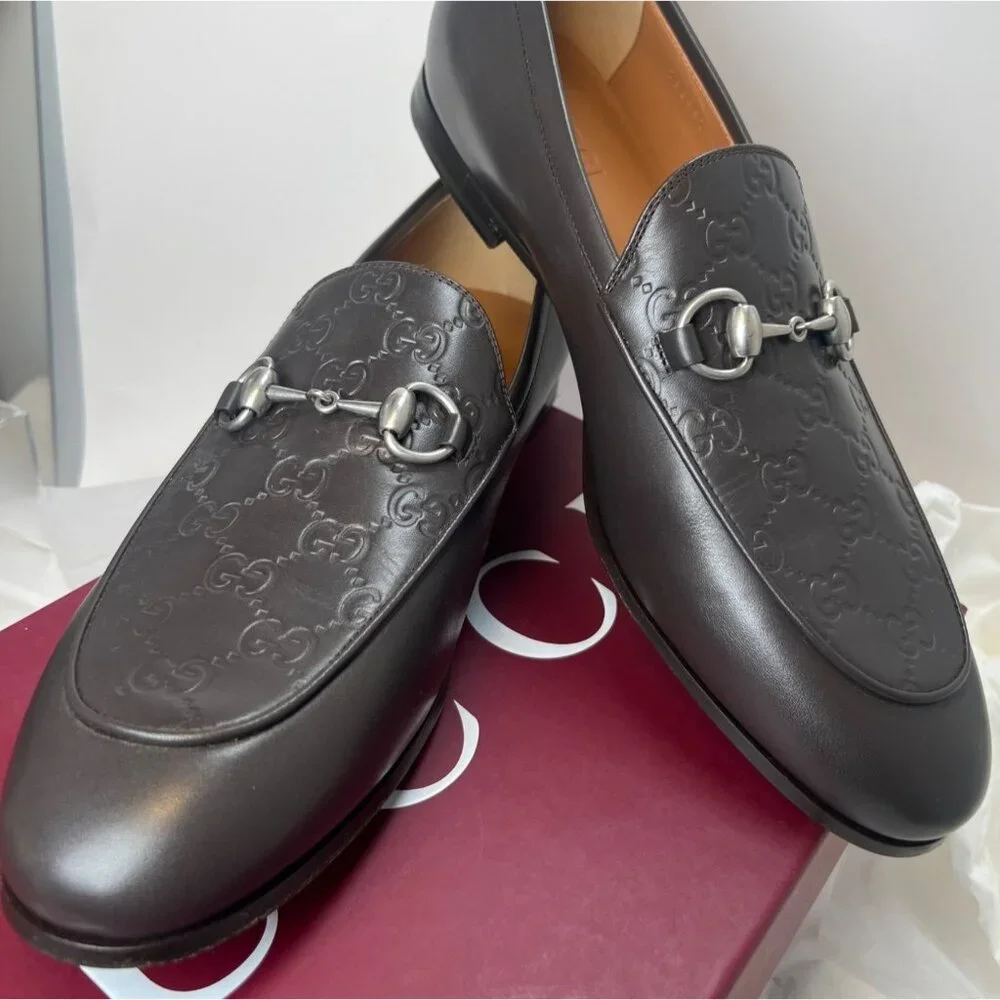 Gucci GG Debossed Leather Men Loafers Horsebit Cocoa Brown Dress Shoes Size IT9